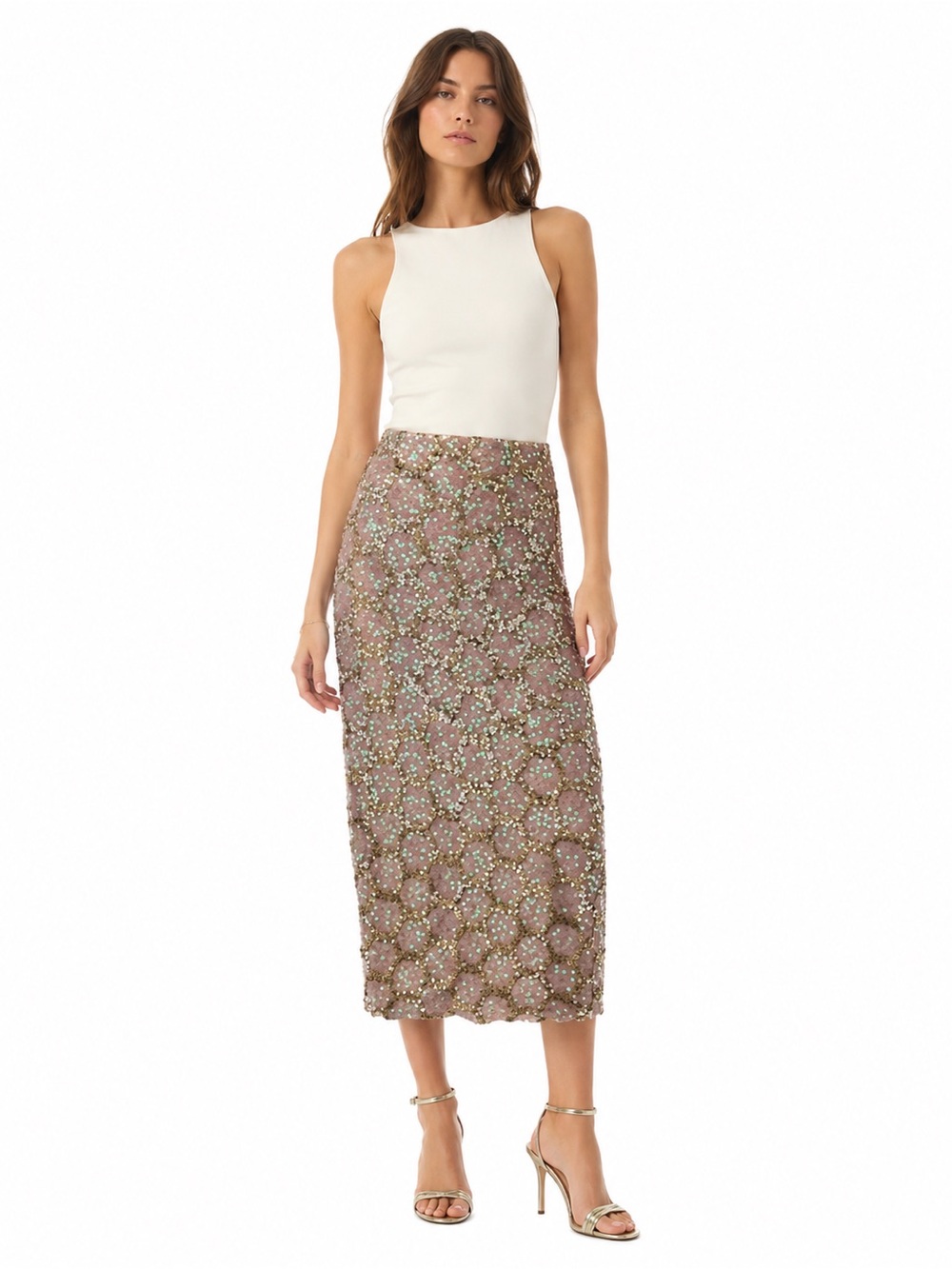 Blank London Sequin Midi Skirt Pink Gold Iridescent Party Glam Sz Small